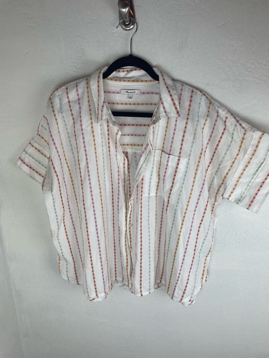 Madewell Tops - Madewell White Short-Sleeve Button-Down with Red, Gold, and Green Stripes